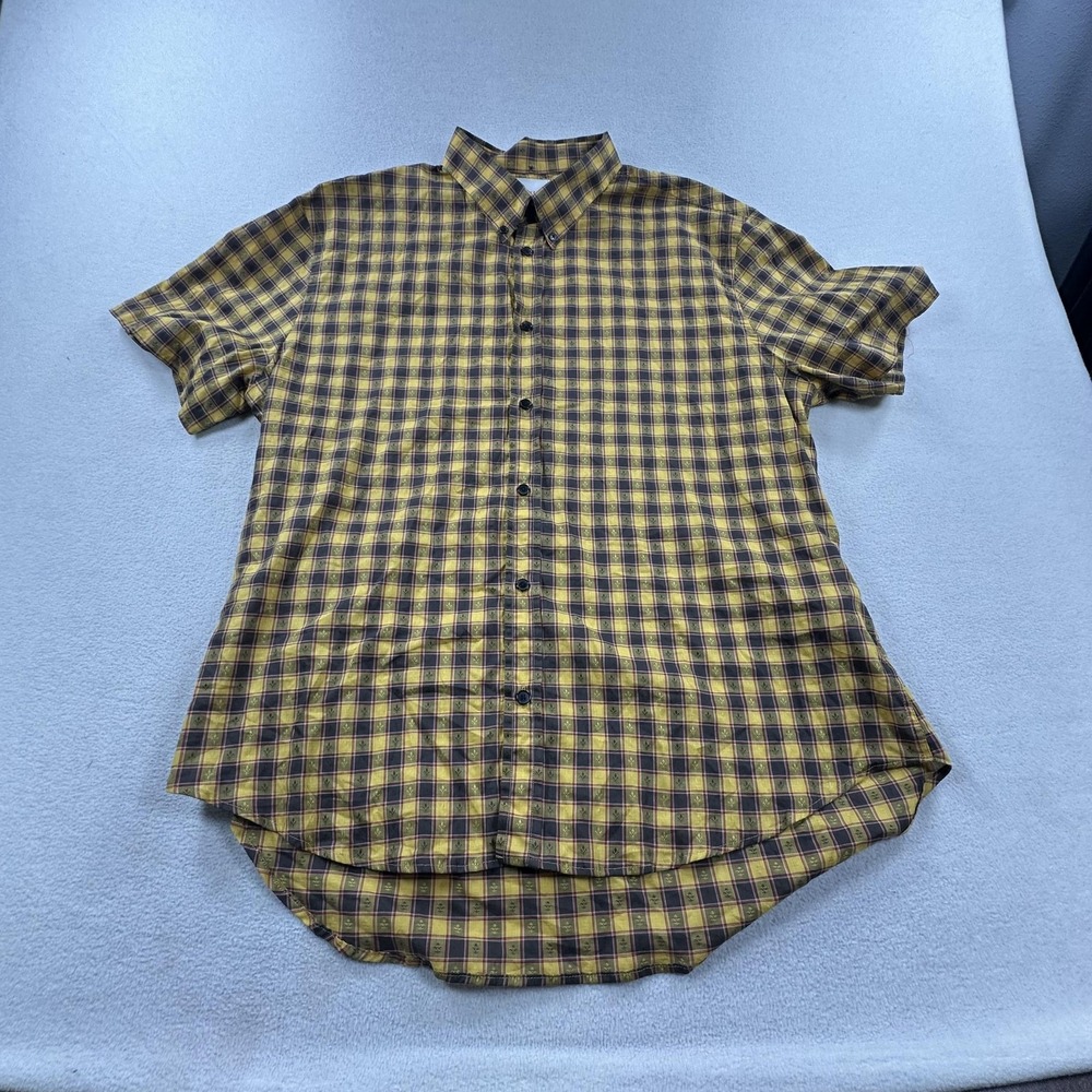 Billy Reid Shirt Mens XL Yellow Plaid Slim Fleur De Lis Button Up Portugal